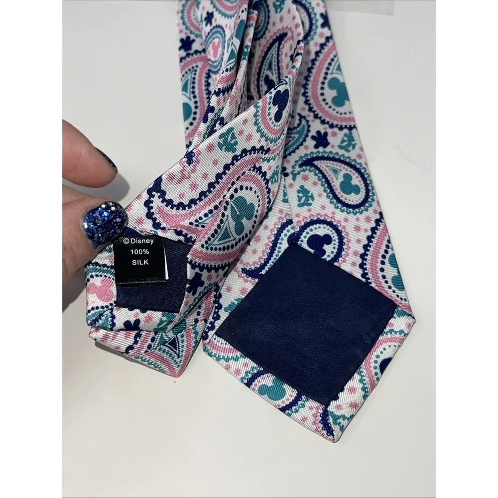 Mens Paisley 100% Silk Neck Tie & Pocket Square Mickey Head Disney NWT Cufflinks
